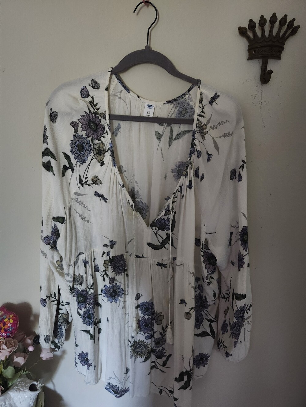 Old Navy Cream Top with Purple and Green Floral Print